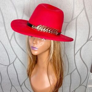 🎀🌷 Red Western Fedora Wool Feel Hat w/ Gold Feather Leaf Belt Trim 🌷🎀 NWT